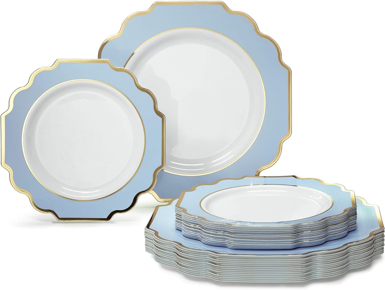 50pc Heavyweight Wedding Plastic Plate Set (25 Guests) - Elegant Imperial Design in White, Blue & Gold - 25 Dinner Plates (10.5") + 25 Salad/Dessert Plates (8") - Premium Disposable China-Look for Parties